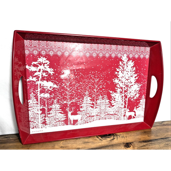Michel Design Works Tray Red White Snowy Woodland Scene Christmas Winter Holiday - Picture 1 of 10